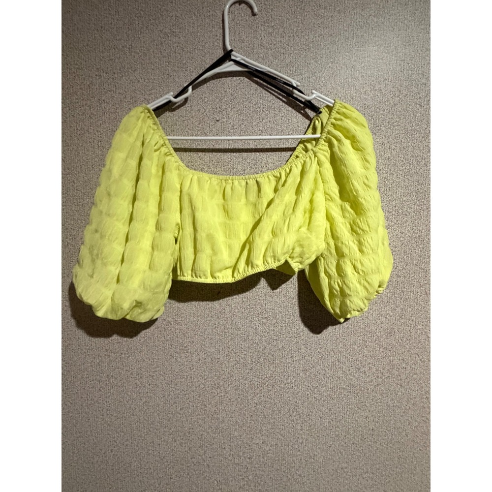 Forever 21 Neon Yellow Puff Sleeve Crop Top Ruched O-Ring Sweetheart Neck Small - Picture 4 of 5